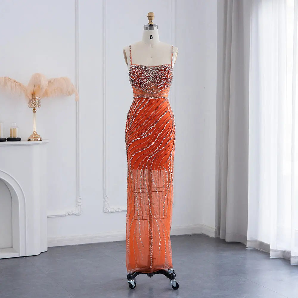 Luxury Orange Crystal Spaghetti Cocktail Party Evening Dress SS351