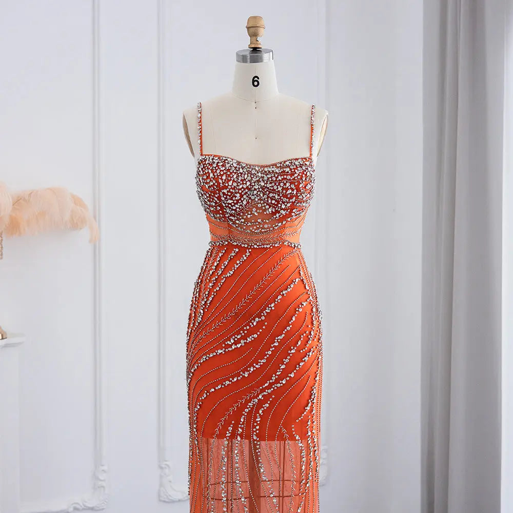Luxury Orange Crystal Spaghetti Cocktail Party Evening Dress SS351