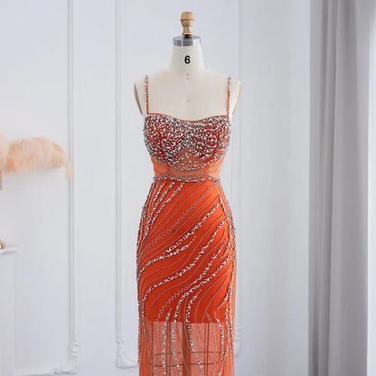 Luxury Orange Crystal Spaghetti Cocktail Party Evening Dress SS351