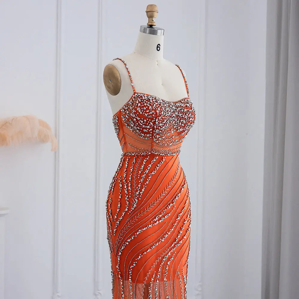 Luxury Orange Crystal Spaghetti Cocktail Party Evening Dress SS351