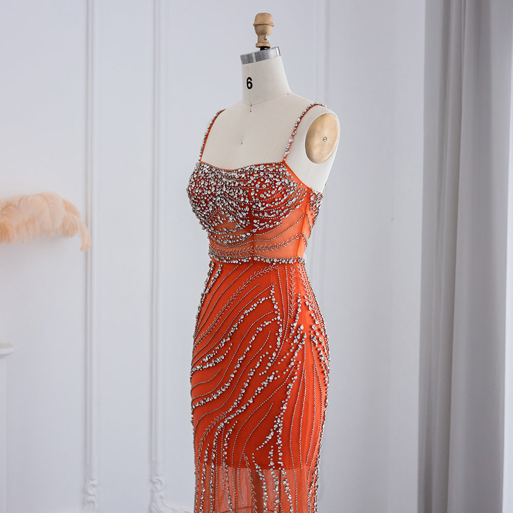 Luxury Beaded Orange Spaghetti Straps Mermaid Evening Dresses SS351
