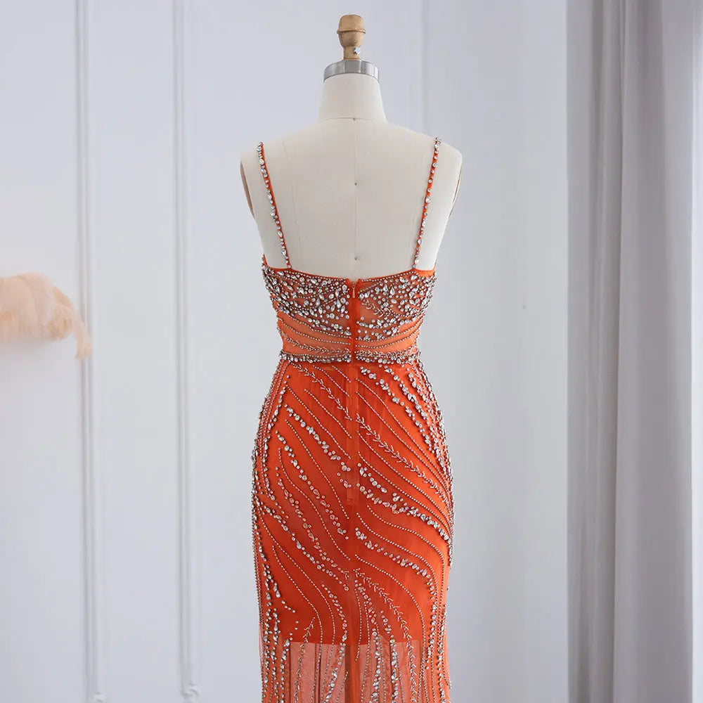 Luxury Orange Crystal Spaghetti Cocktail Party Evening Dress SS351