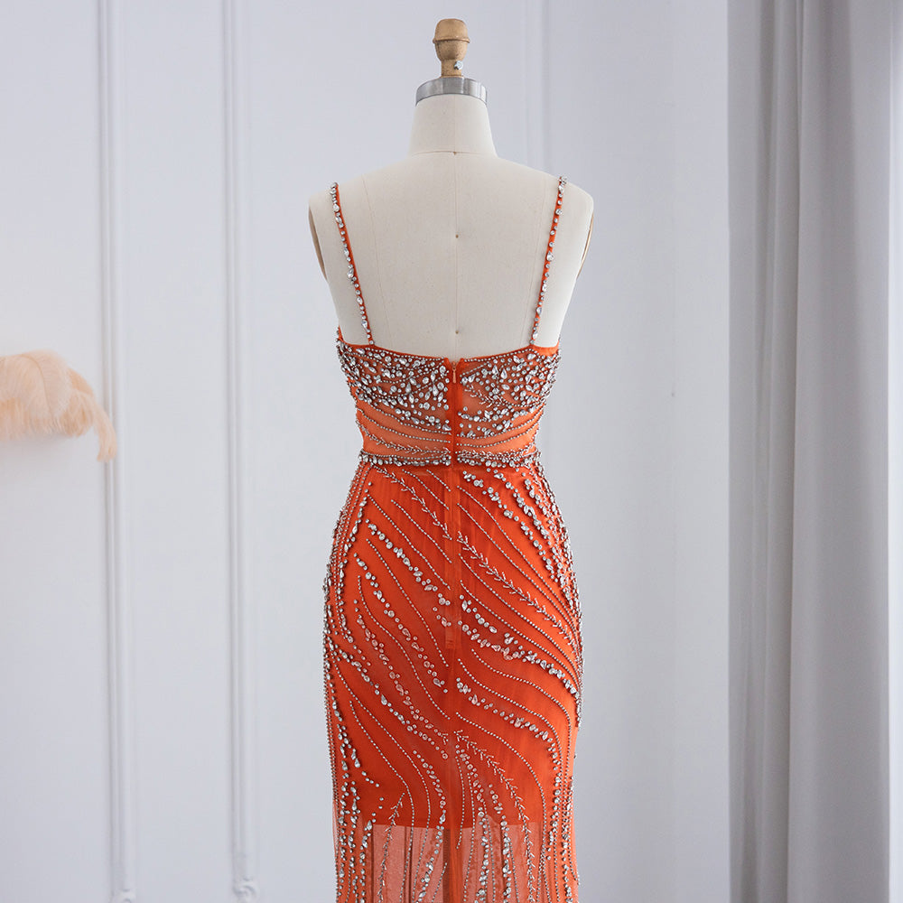 Luxury Beaded Orange Spaghetti Straps Mermaid Evening Dresses SS351
