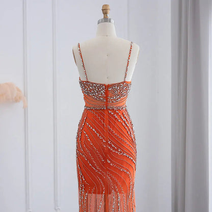 Luxury Orange Crystal Spaghetti Cocktail Party Evening Dress SS351