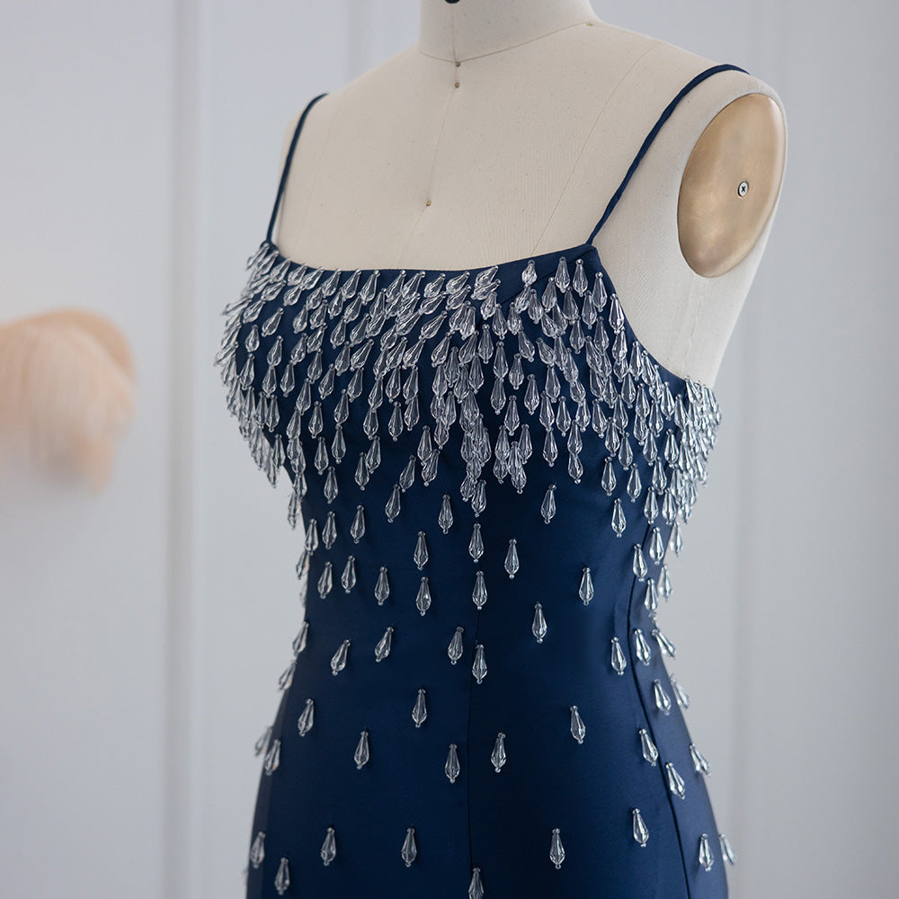 Luxury Crystal Navy Blue Spaghetti Straps Midi Evening Dress SS315