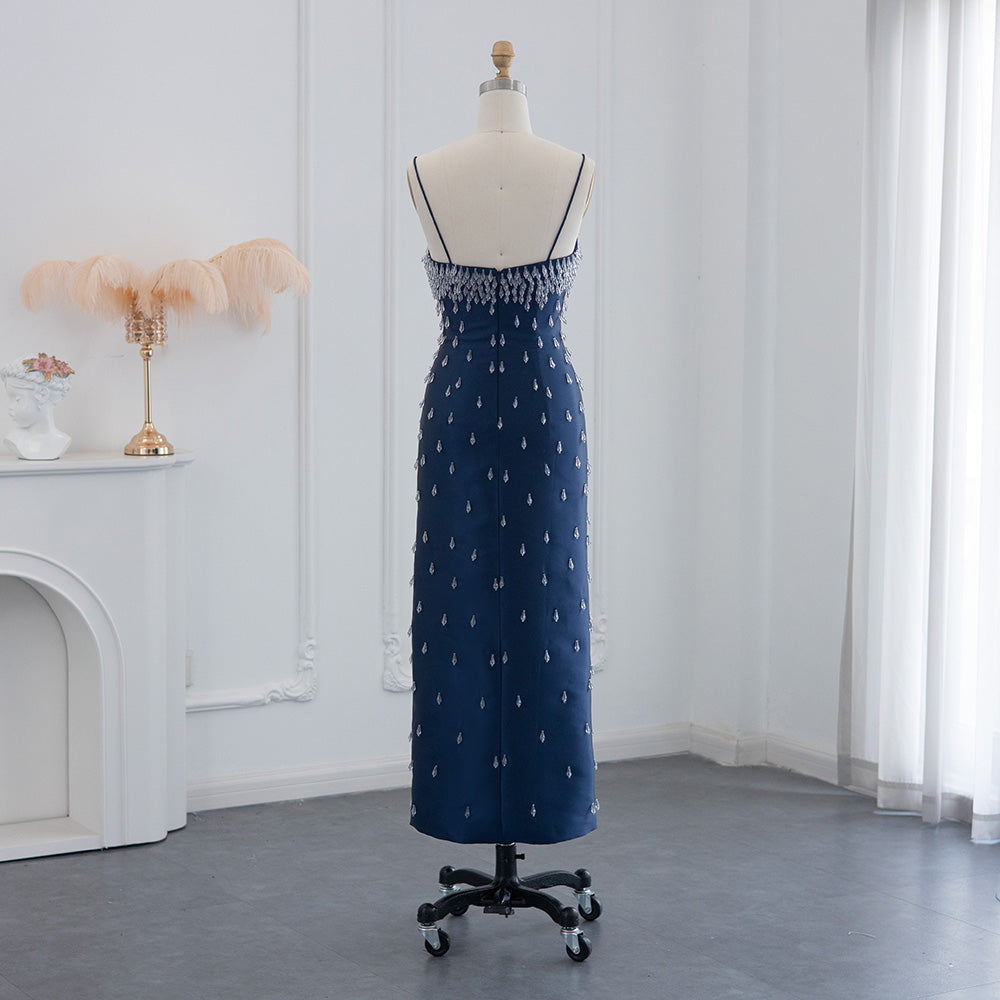 Luxury Crystal Navy Blue Spaghetti Straps Midi Evening Dress SS315