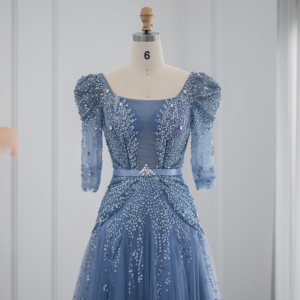 Elegant Beaded Blue Half Sleeves Ankle Length Evening Dress SS240