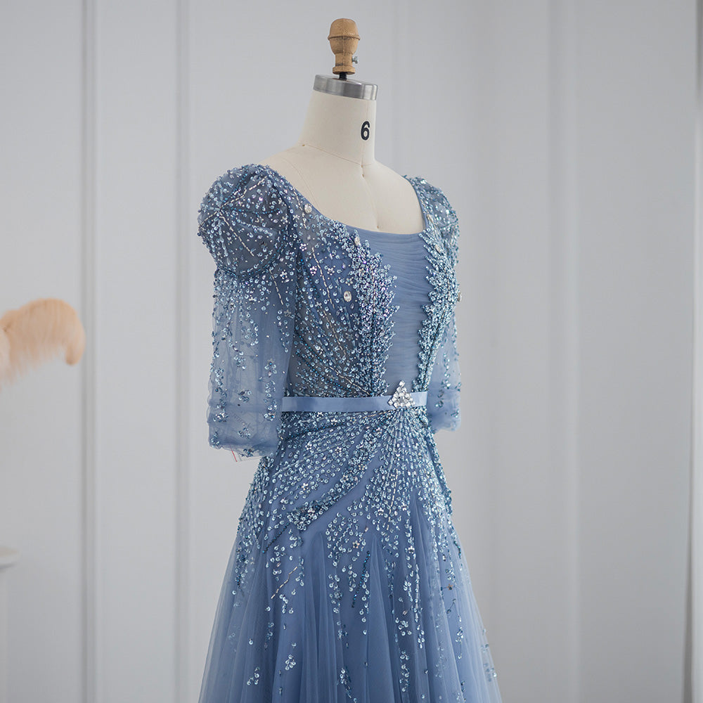 Elegant Beaded Blue Half Sleeves Ankle Length Evening Dress SS240