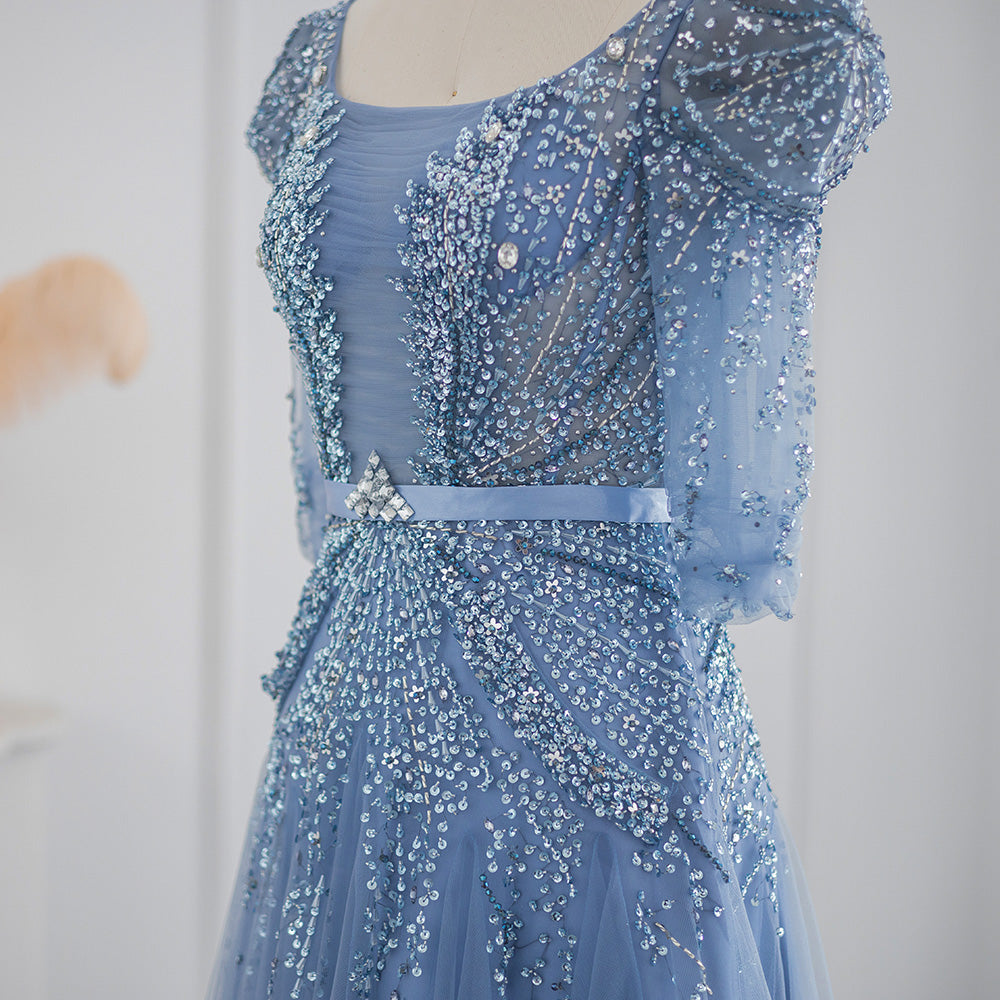 Elegant Beaded Blue Half Sleeves Ankle Length Evening Dress SS240