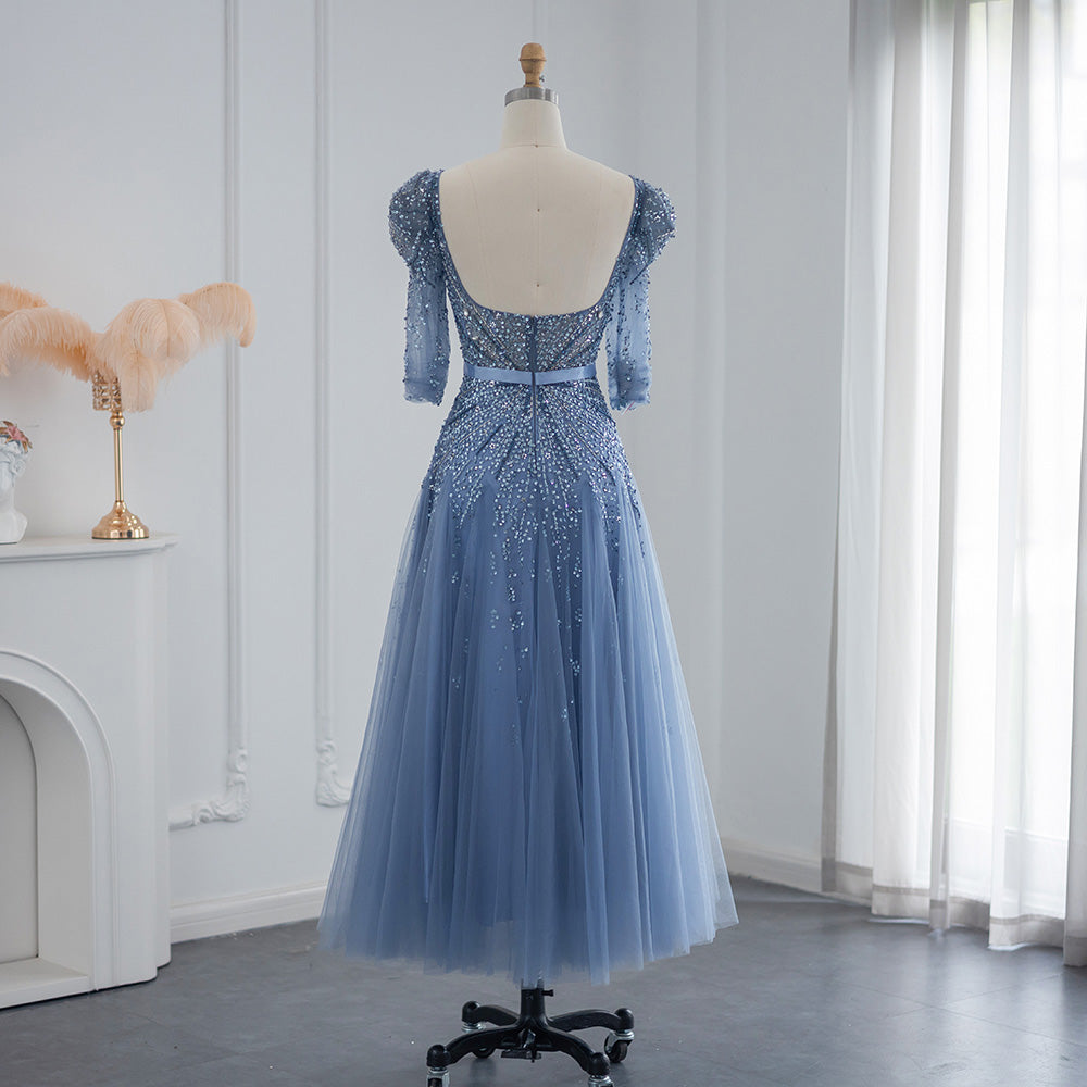 Elegant Beaded Blue Half Sleeves Ankle Length Evening Dress SS240