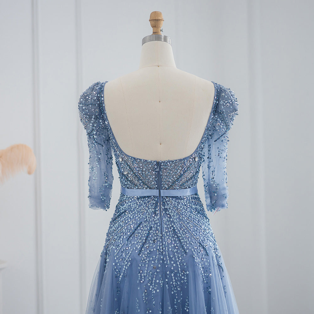 Elegant Beaded Blue Half Sleeves Ankle Length Evening Dress SS240
