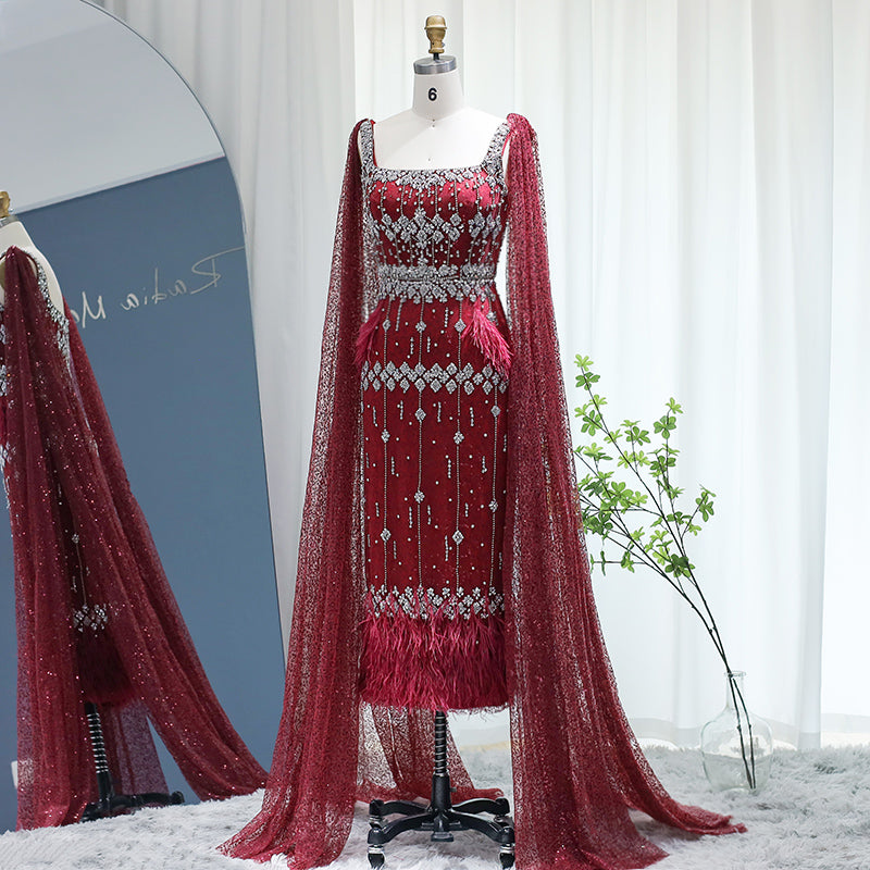 Luxury Feathers Gray Mermaid Evening Dress with Cape SS279