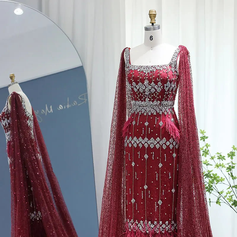 Luxury Gray Feather Straight Evening Dress with Cape Sleeves SS279