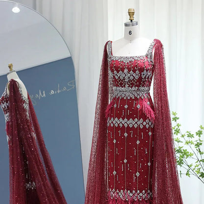 Luxury Gray Feather Straight Evening Dress with Cape Sleeves SS279
