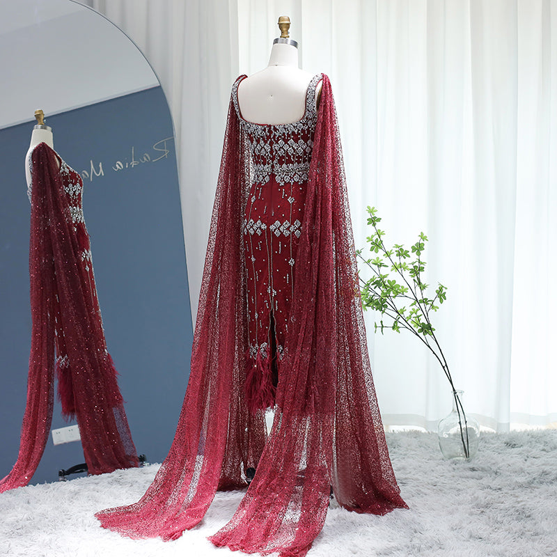 Luxury Feathers Gray Mermaid Evening Dress with Cape SS279