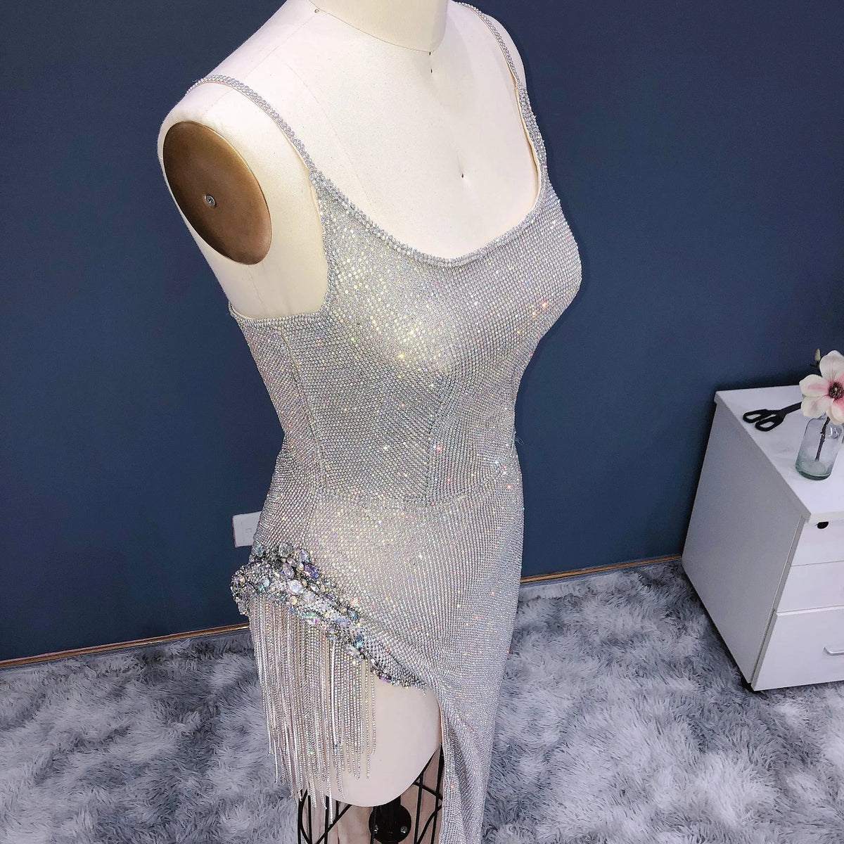 Luxury Crystal Tassels Spaghetti High Slit Cocktail Dress RM019
