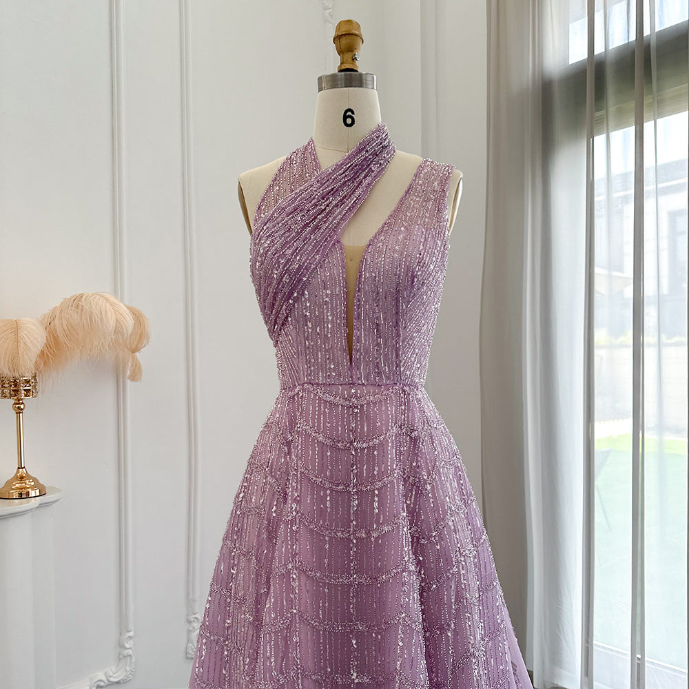 Luxury Beaded Lilac A-Line Long Evening Dress SS329