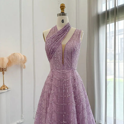 Luxury Beaded Lilac Halter One Shoulder Evening Dress SS329