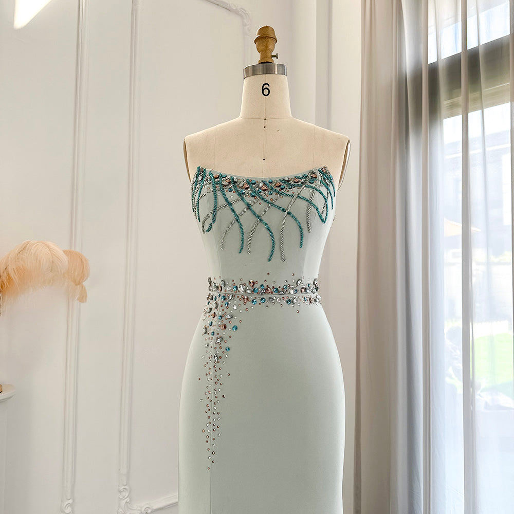 Luxury Turquoise Crystal Long Mermaid Satin Evening Dress SS331