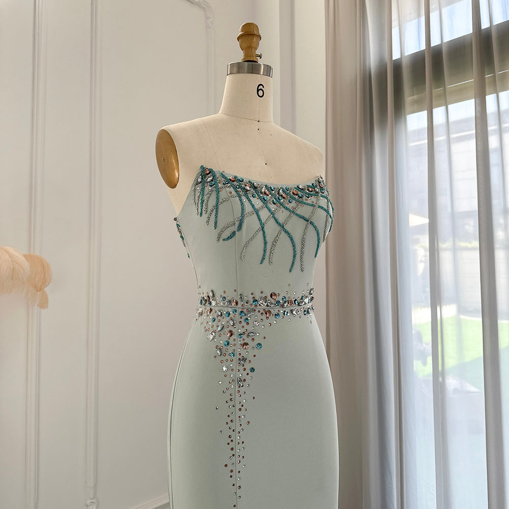 Luxury Turquoise Crystal Long Mermaid Satin Evening Dress SS331