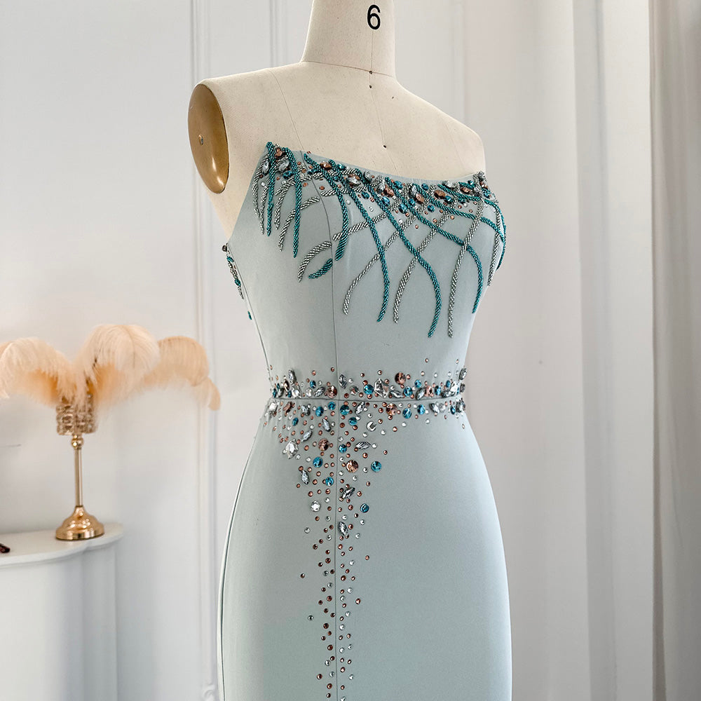 Luxury Turquoise Crystal Long Mermaid Satin Evening Dress SS331