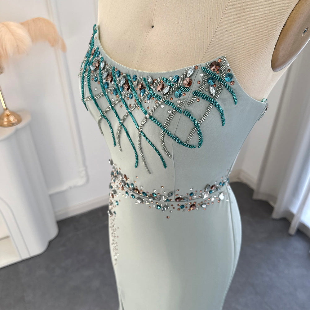 Luxury Turquoise Crystal Long Mermaid Satin Evening Dress SS331