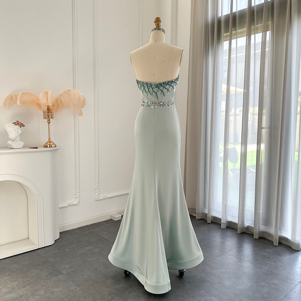 Luxury Turquoise Crystal Long Mermaid Satin Evening Dress SS331