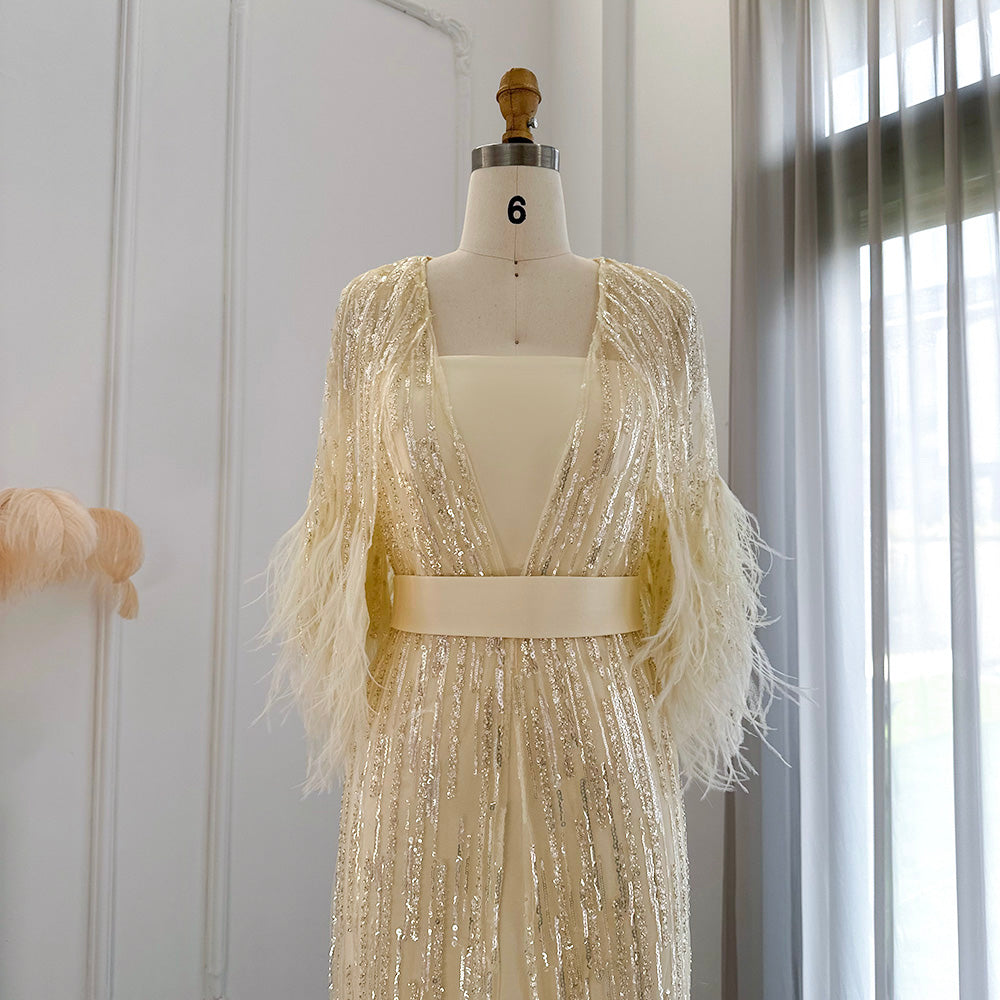 Elegant Yellow Feathers 2 Piece Evening Dress SS430