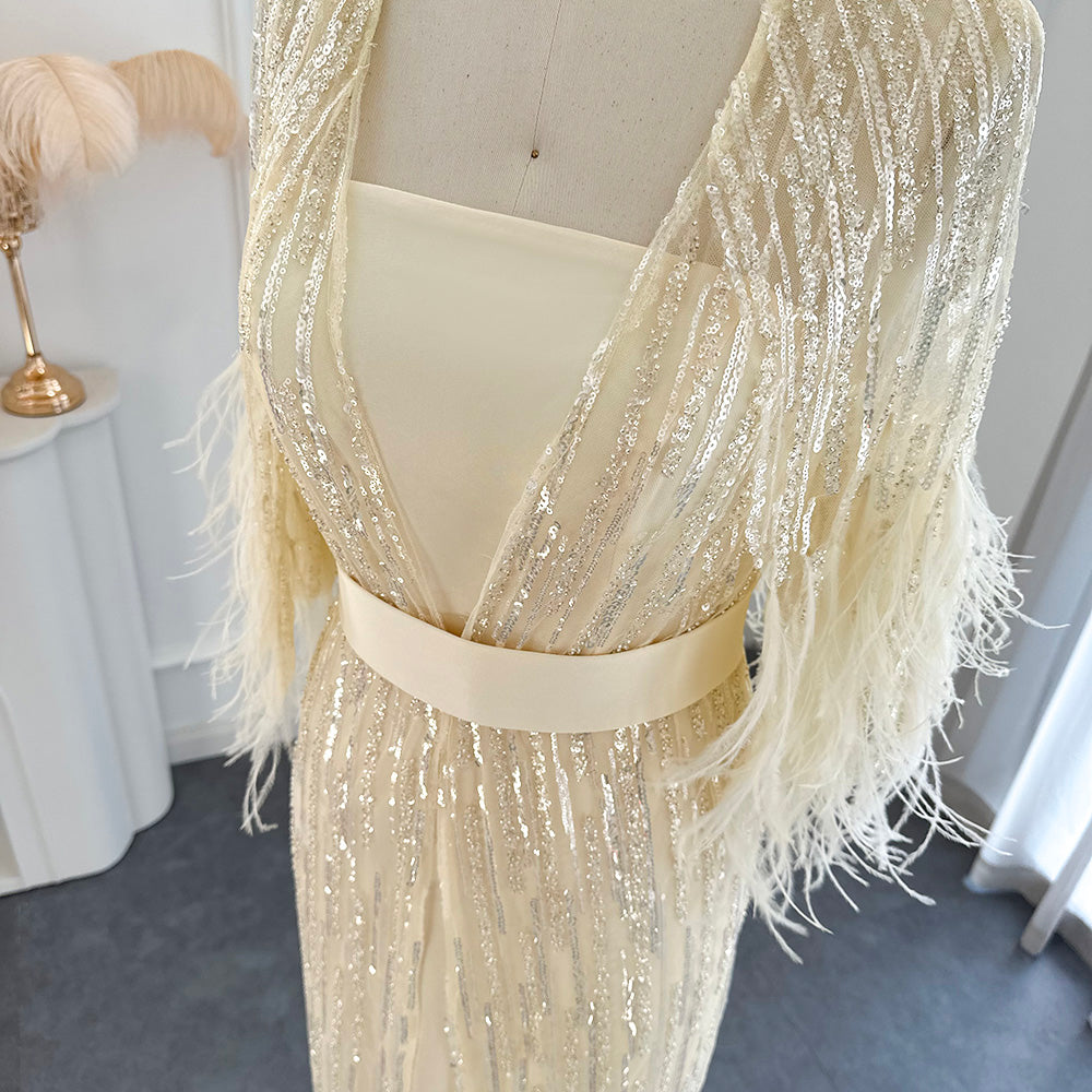 Elegant Yellow Feathers 2 Piece Evening Dress SS430