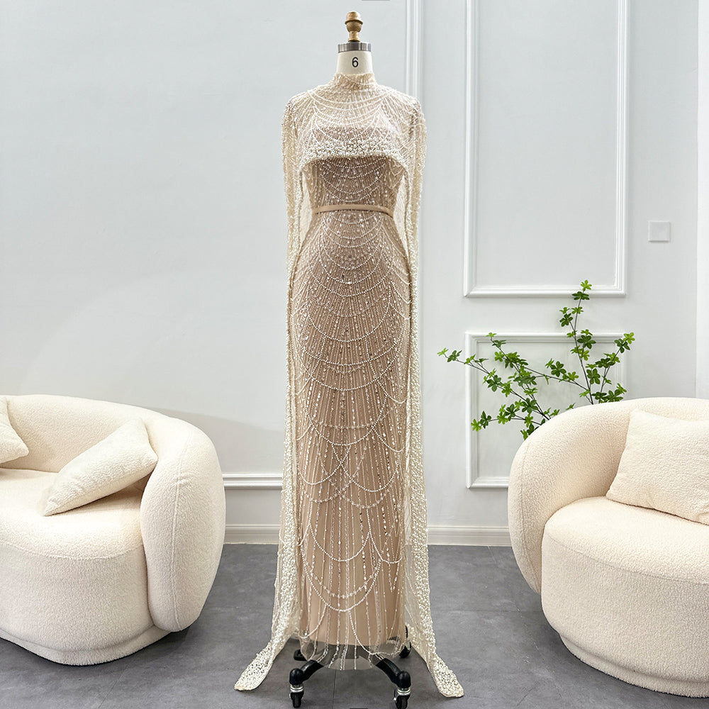 Luxury Pearls Champagne Mermaid Evening Dress with Cape SS369