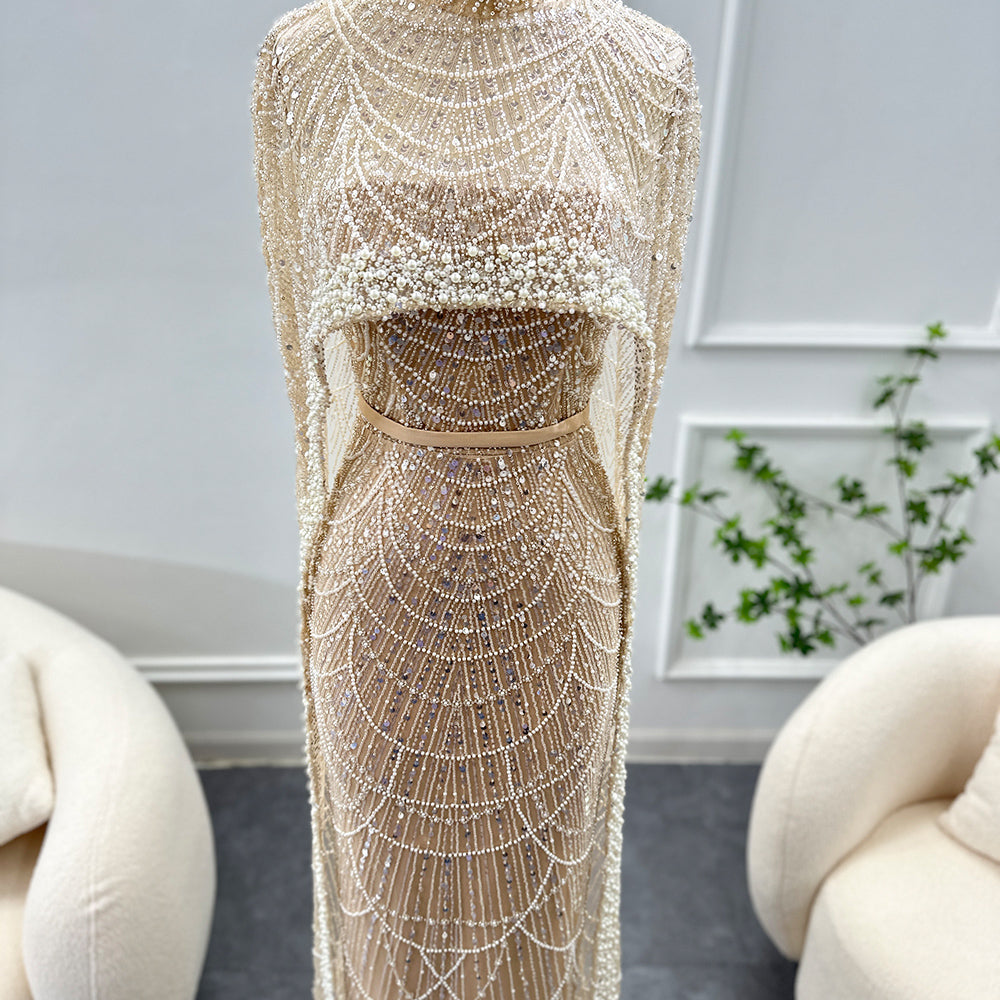 Luxury Pearls Champagne Mermaid Evening Dress with Cape SS369