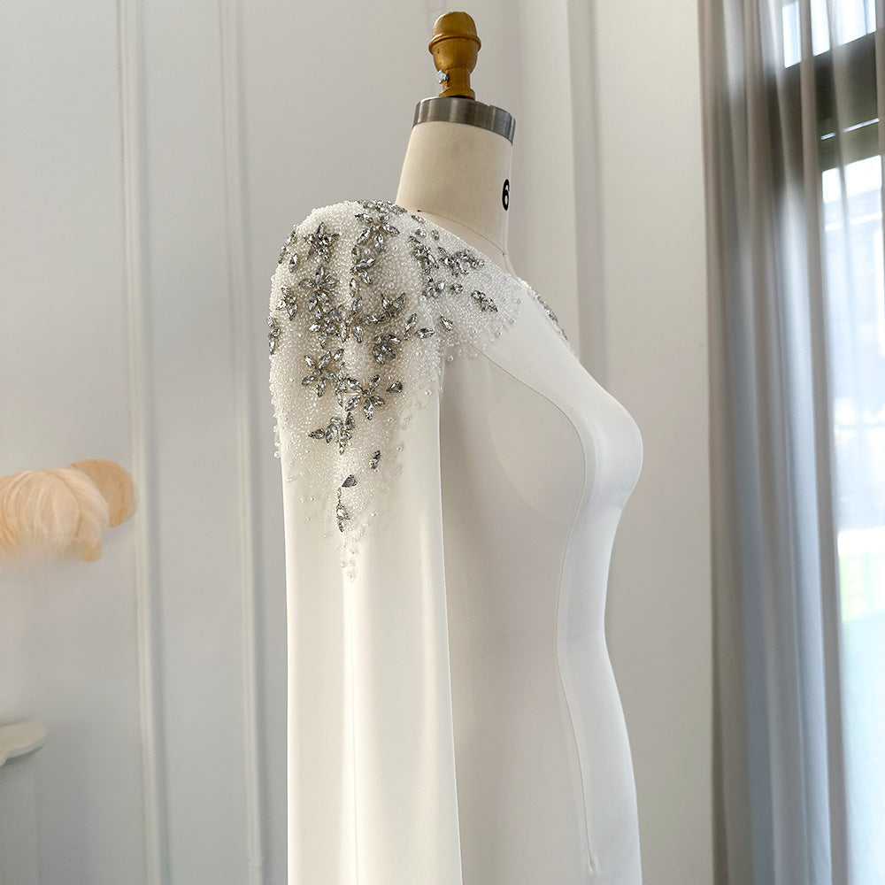 Elegant White Mermaid Evening Dress with Cape Sleeves SF280