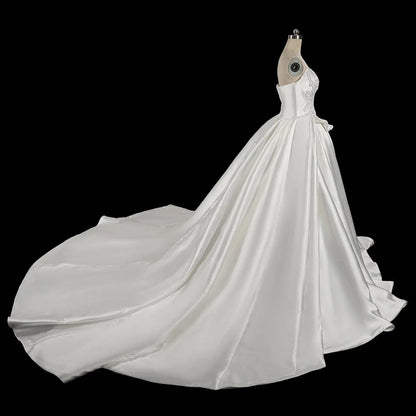 Luxury White Satin Strapless Beaded Ball Gown Train Wedding Dress SW599