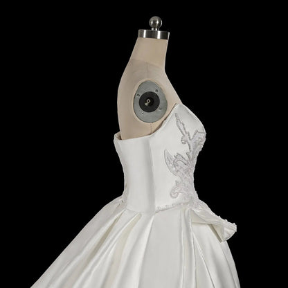 Luxury White Satin Strapless Beaded Ball Gown Train Wedding Dress SW599
