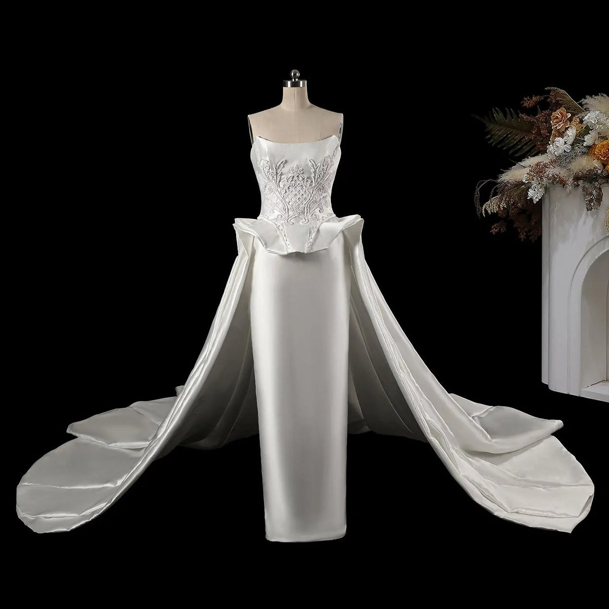 Luxury White Satin Strapless Beaded Ball Gown Train Wedding Dress SW599