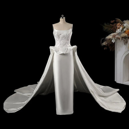 Luxury White Satin Strapless Beaded Ball Gown Train Wedding Dress SW599