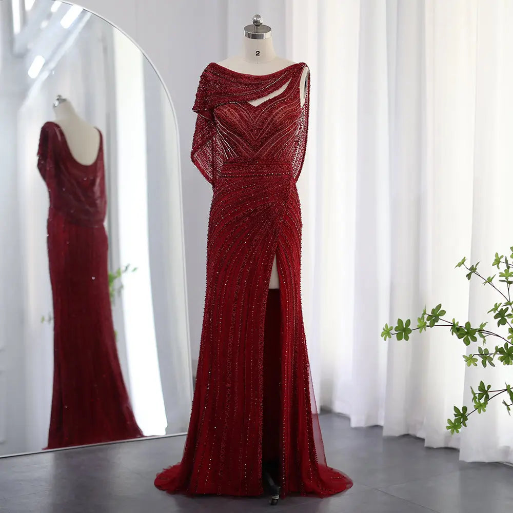 Luxury Beaded Silver Slit Mermaid Evening Dress with Cape SS035