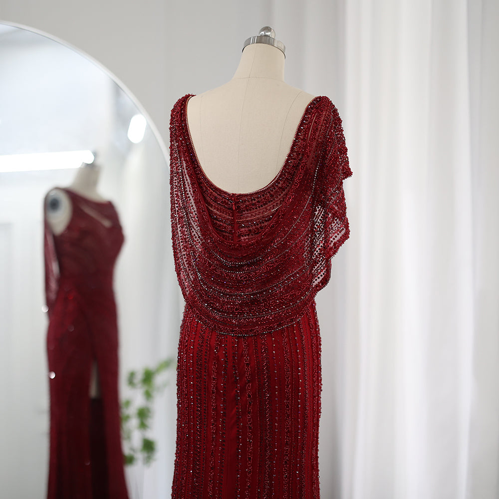 Luxury Beaded Silver Mermaid Evening Dress with Cape SS035