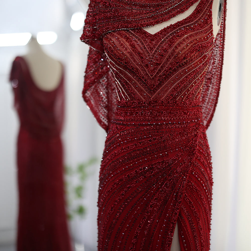 Luxury Beaded Silver Mermaid Evening Dress with Cape SS035