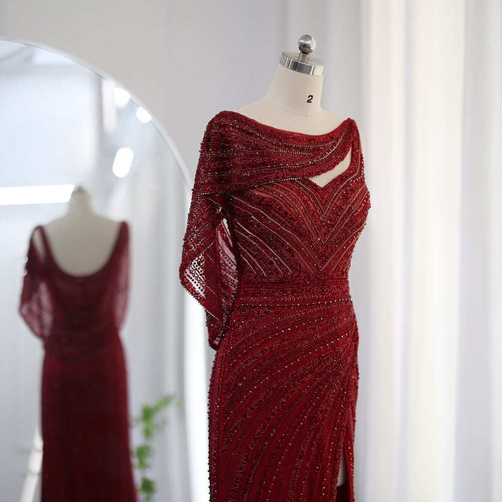Luxury Beaded Silver Mermaid Evening Dress with Cape SS035