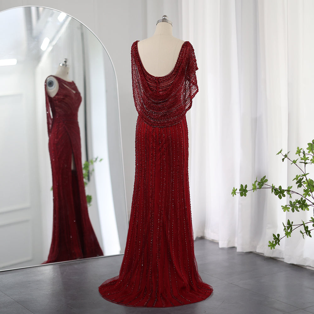 Luxury Beaded Silver Mermaid Evening Dress with Cape SS035