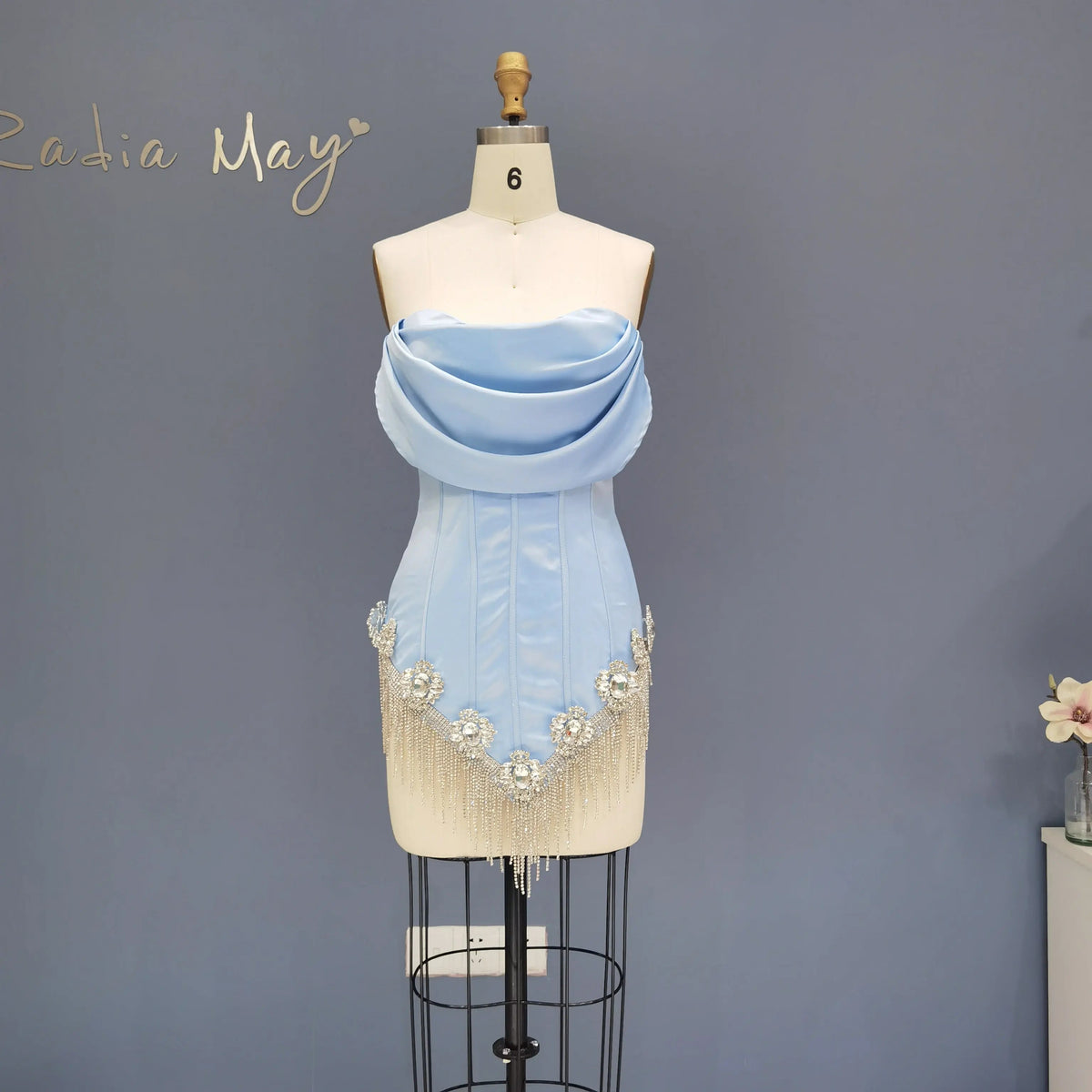 Luxury Crystal Tassel Strapless Blue Short Homecoming Dress RM010