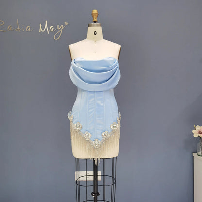 Luxury Crystal Tassel Strapless Blue Short Homecoming Dress RM010