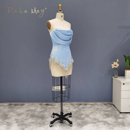 Luxury Crystal Tassel Strapless Blue Short Homecoming Dress RM010