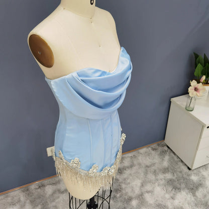 Luxury Crystal Tassel Strapless Blue Short Homecoming Dress RM010