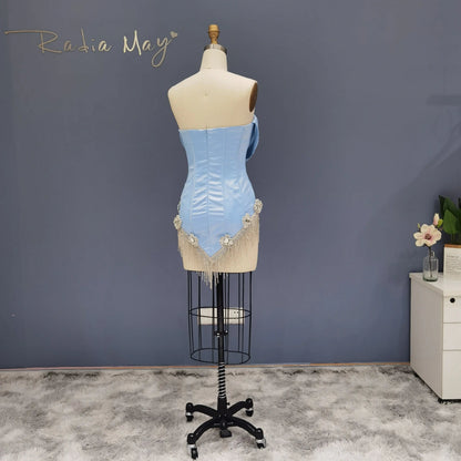 Luxury Crystal Tassel Strapless Blue Short Homecoming Dress RM010