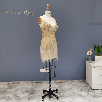 Luxury Beading Tassels Strapless Short Cocktail Dress RM016