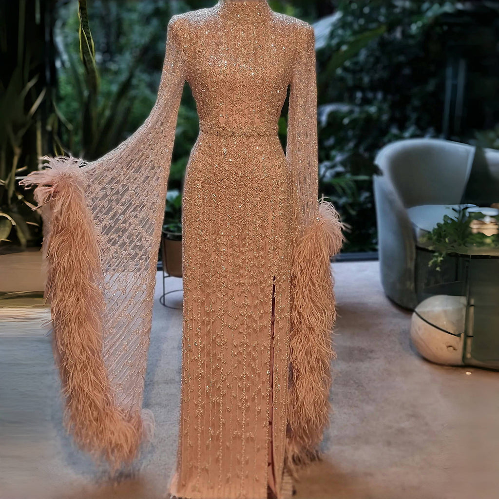 Elegant Rose Gold Evening Gown with Feathered Cape Sleeves SS788