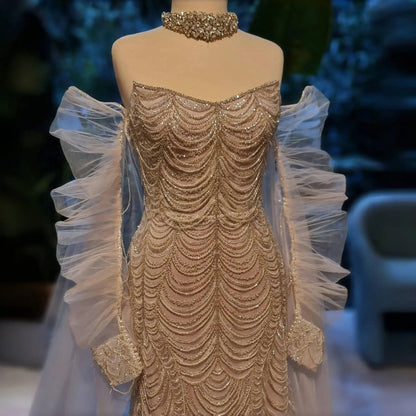 Luxury Beading Tassel Evening Dress with Cape Sleeves SS535
