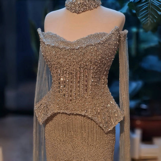 Stunning Crystal Evening Dress with Cape Sleeves SS558